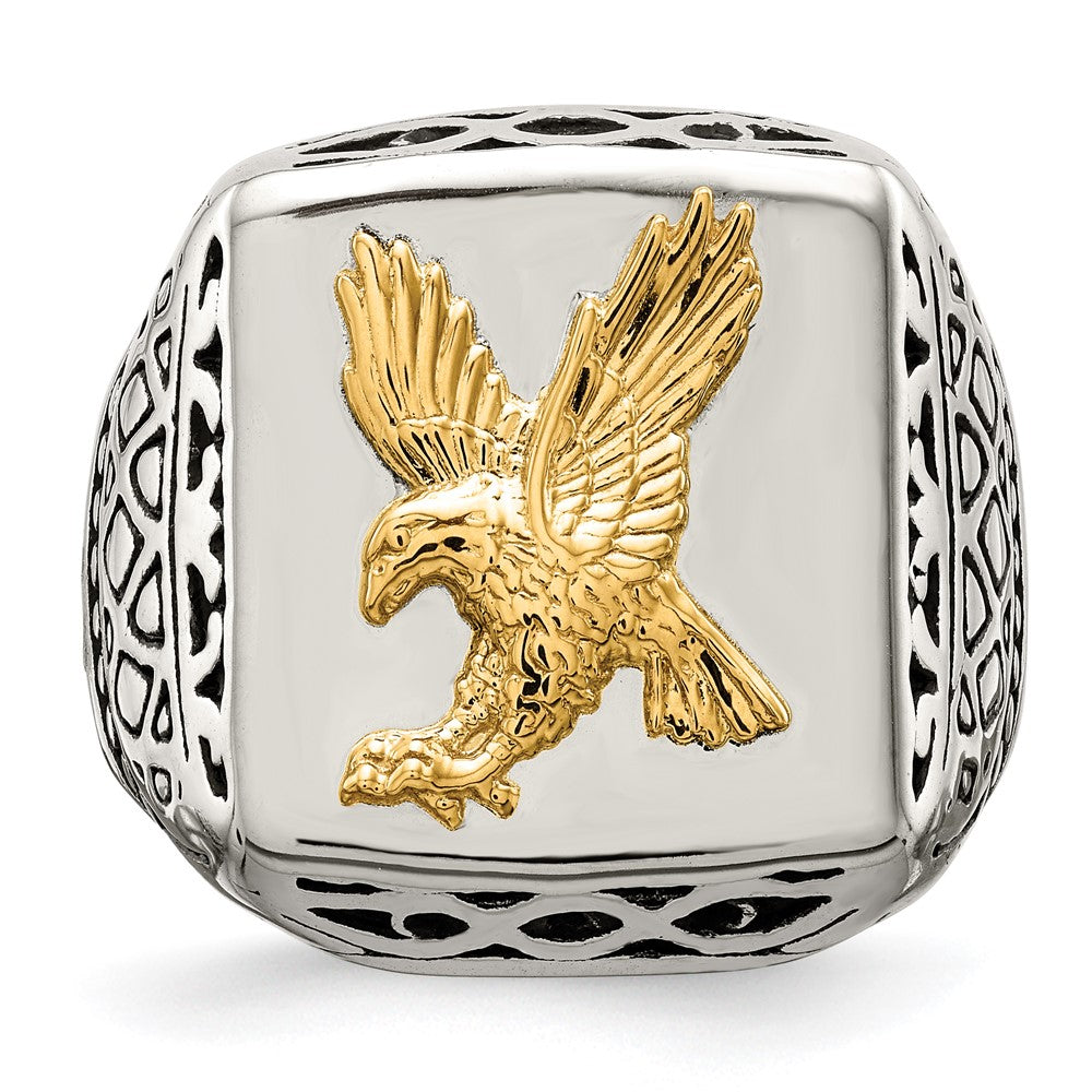 Alternate view of the Men&#39;s 20mm Stainless Steel &amp; 14K Gold Accent Eagle Tapered Ring by The Black Bow Jewelry Co.