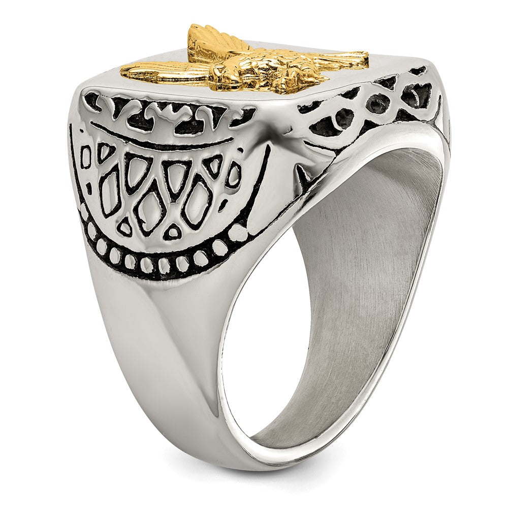 Alternate view of the Men&#39;s 20mm Stainless Steel &amp; 14K Gold Accent Eagle Tapered Ring by The Black Bow Jewelry Co.