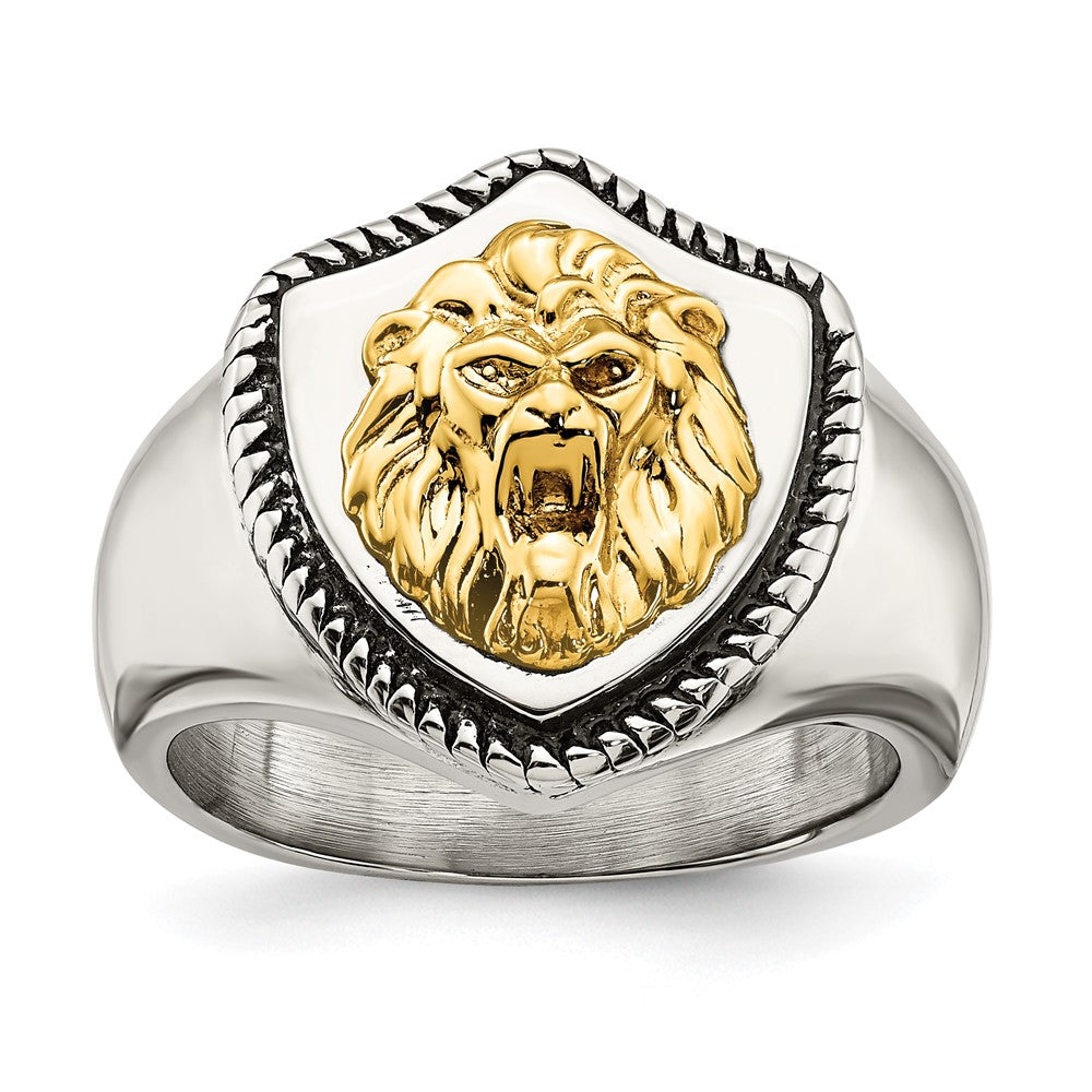 Men&#39;s 18mm Stainless Steel &amp; 14K Gold Accent Lion Shield Ring, Item R11746 by The Black Bow Jewelry Co.