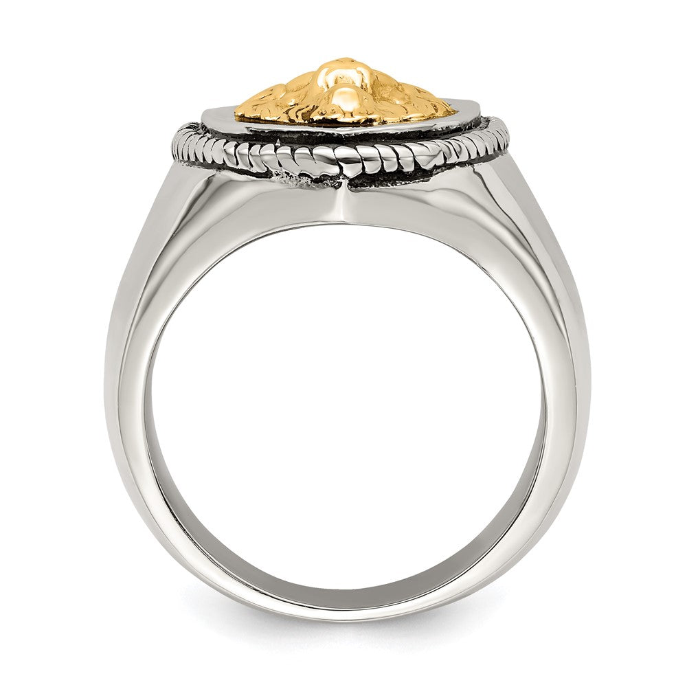 Alternate view of the Men&#39;s 18mm Stainless Steel &amp; 14K Gold Accent Lion Shield Ring by The Black Bow Jewelry Co.