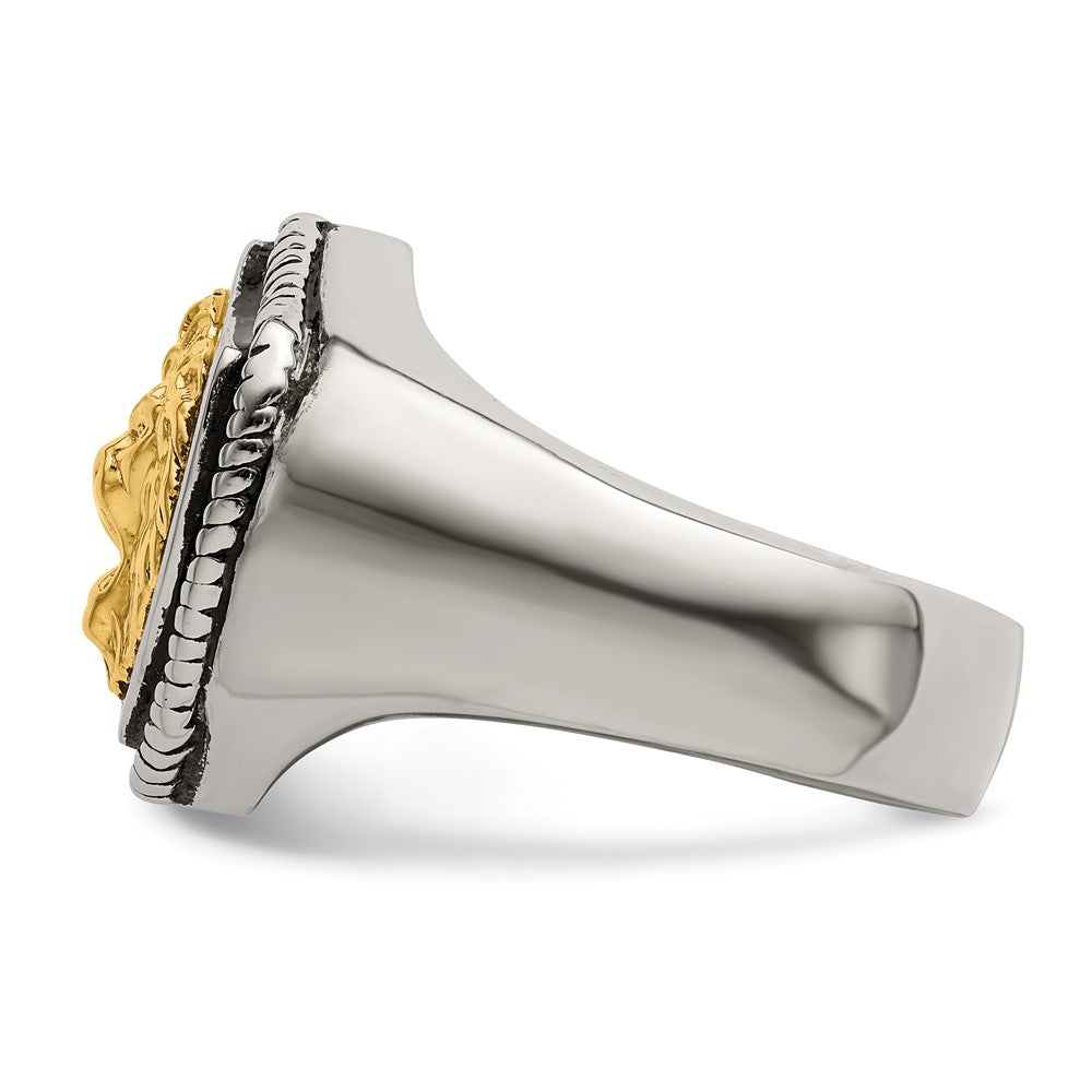 Alternate view of the Men&#39;s 18mm Stainless Steel &amp; 14K Gold Accent Lion Shield Ring by The Black Bow Jewelry Co.