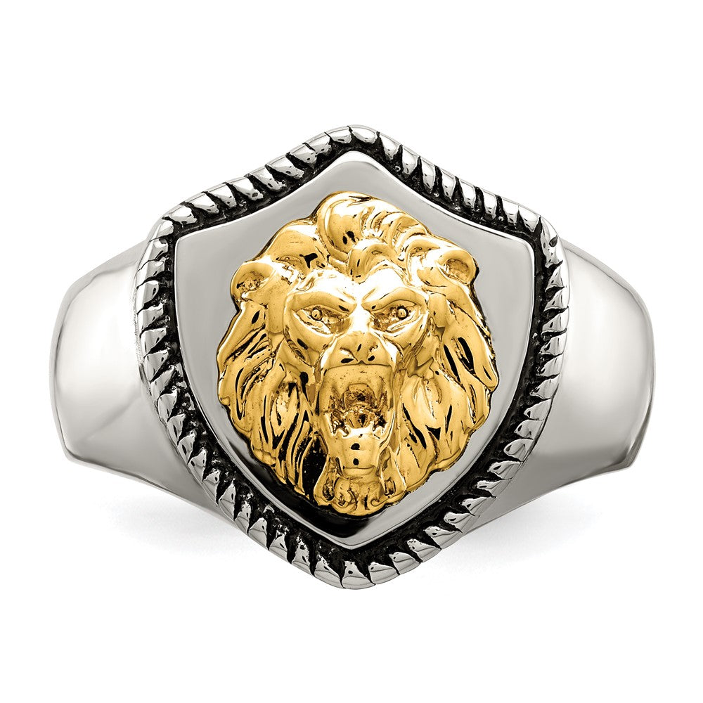 Alternate view of the Men&#39;s 18mm Stainless Steel &amp; 14K Gold Accent Lion Shield Ring by The Black Bow Jewelry Co.