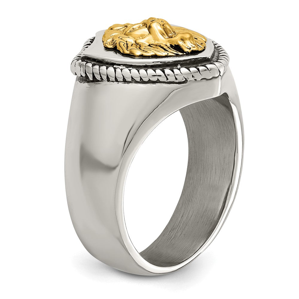 Alternate view of the Men&#39;s 18mm Stainless Steel &amp; 14K Gold Accent Lion Shield Ring by The Black Bow Jewelry Co.