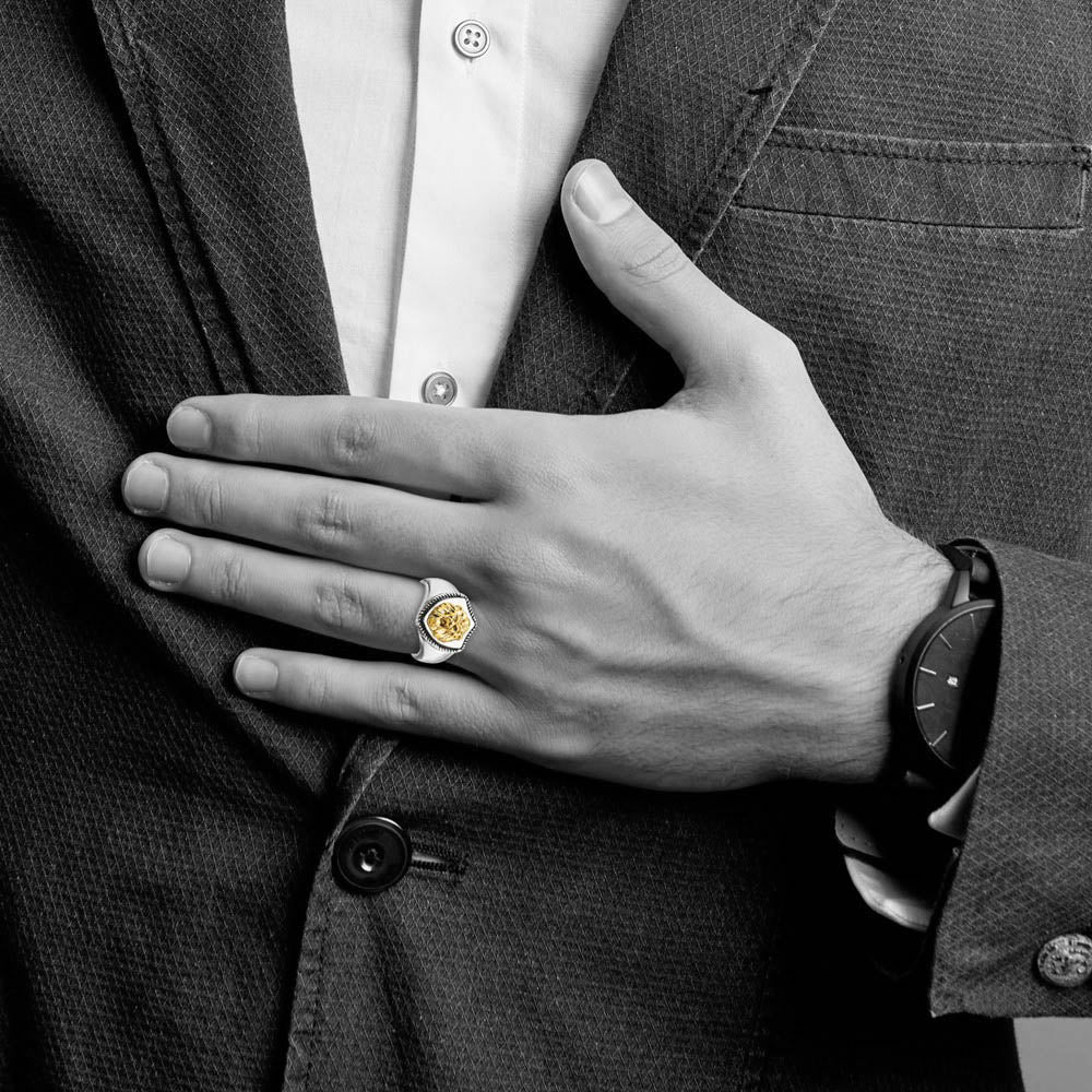 Alternate view of the Men&#39;s 18mm Stainless Steel &amp; 14K Gold Accent Lion Shield Ring by The Black Bow Jewelry Co.