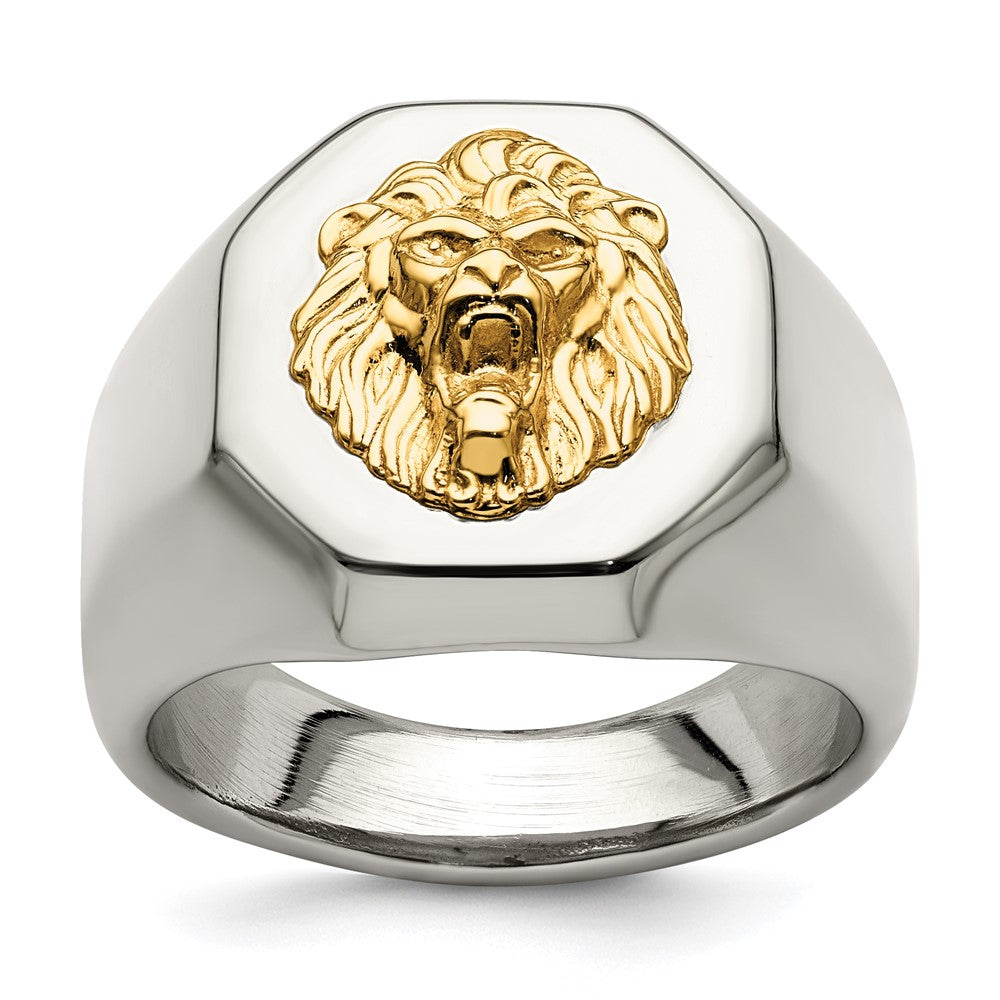 Men&#39;s 18mm Stainless Steel &amp; 14K Gold Accent Lion Head Tapered Ring, Item R11747 by The Black Bow Jewelry Co.