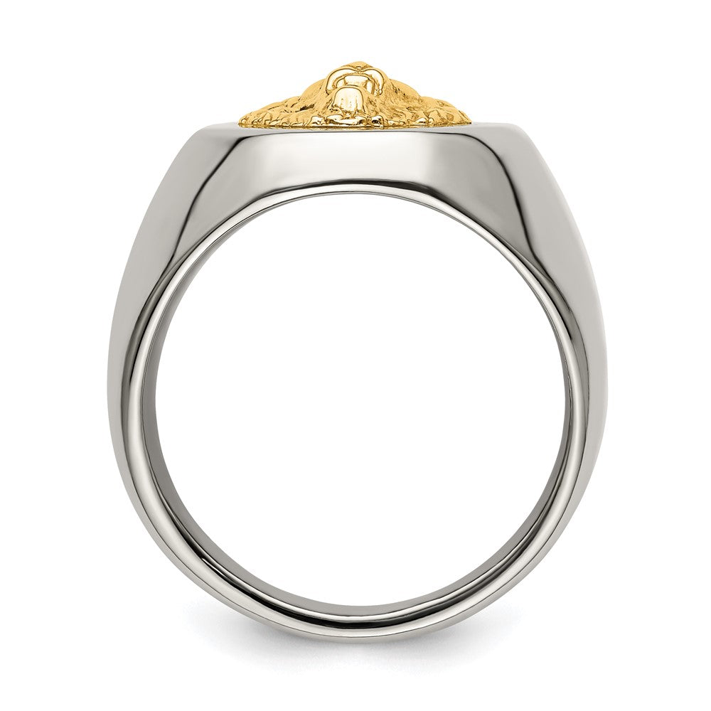 Alternate view of the Men&#39;s 18mm Stainless Steel &amp; 14K Gold Accent Lion Head Tapered Ring by The Black Bow Jewelry Co.