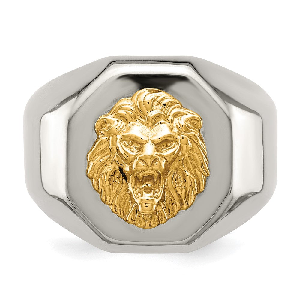 Alternate view of the Men&#39;s 18mm Stainless Steel &amp; 14K Gold Accent Lion Head Tapered Ring by The Black Bow Jewelry Co.