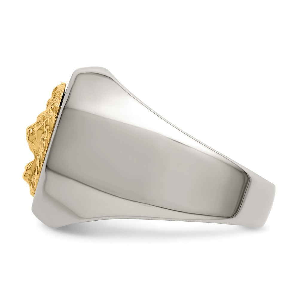 Alternate view of the Men&#39;s 18mm Stainless Steel &amp; 14K Gold Accent Lion Head Tapered Ring by The Black Bow Jewelry Co.