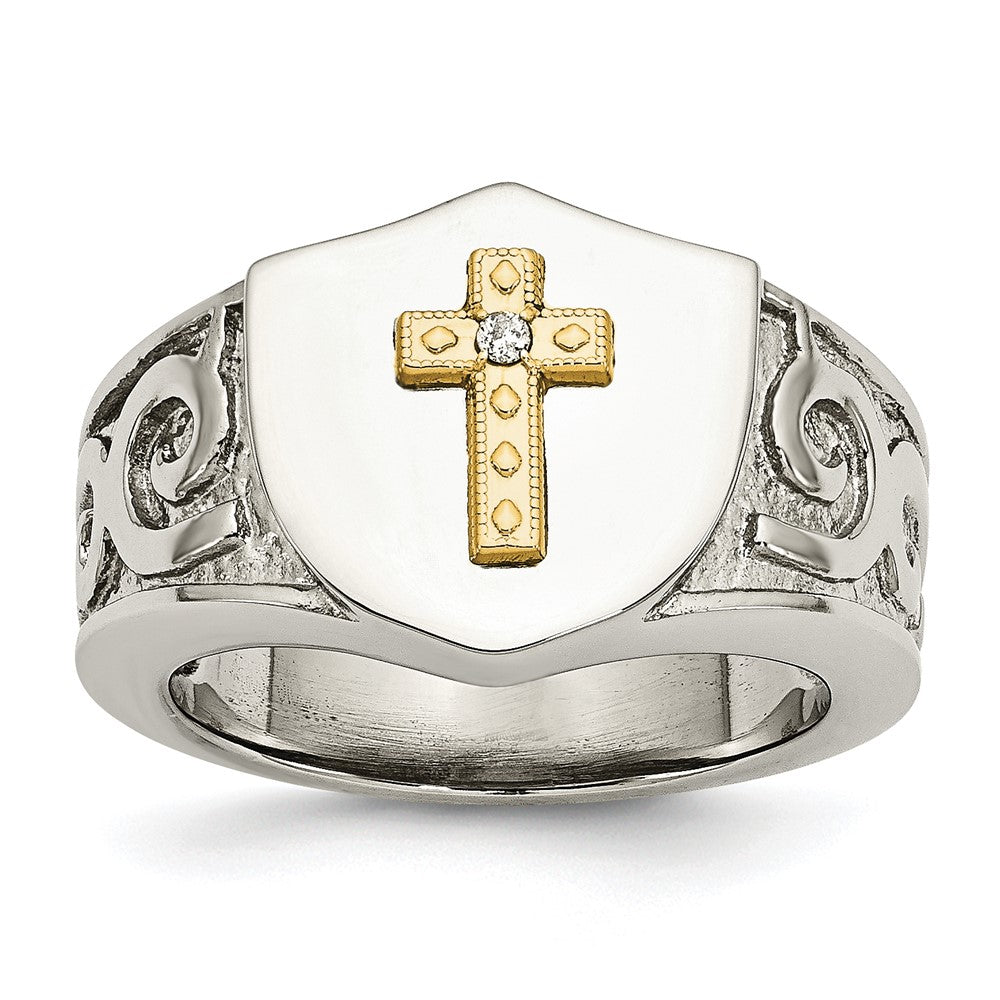 14mm Stainless Steel 10KYG Plated Cross & .02ct Diamond Tapered Ring, Item R11748 by The Black Bow Jewelry Co.