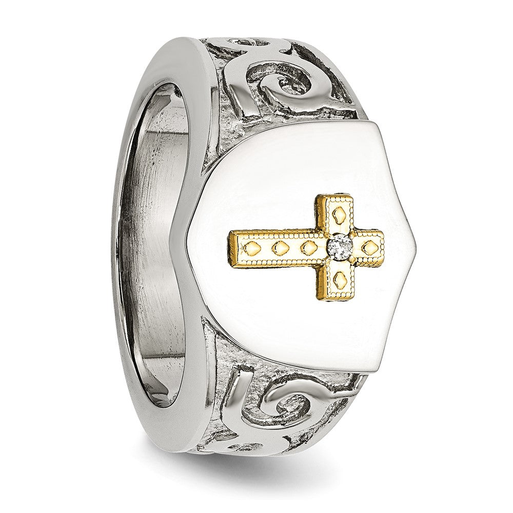 Alternate view of the 14mm Stainless Steel 10KYG Plated Cross &amp; .02ct Diamond Tapered Ring by The Black Bow Jewelry Co.