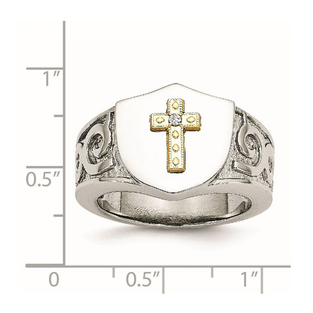 Alternate view of the 14mm Stainless Steel 10KYG Plated Cross &amp; .02ct Diamond Tapered Ring by The Black Bow Jewelry Co.