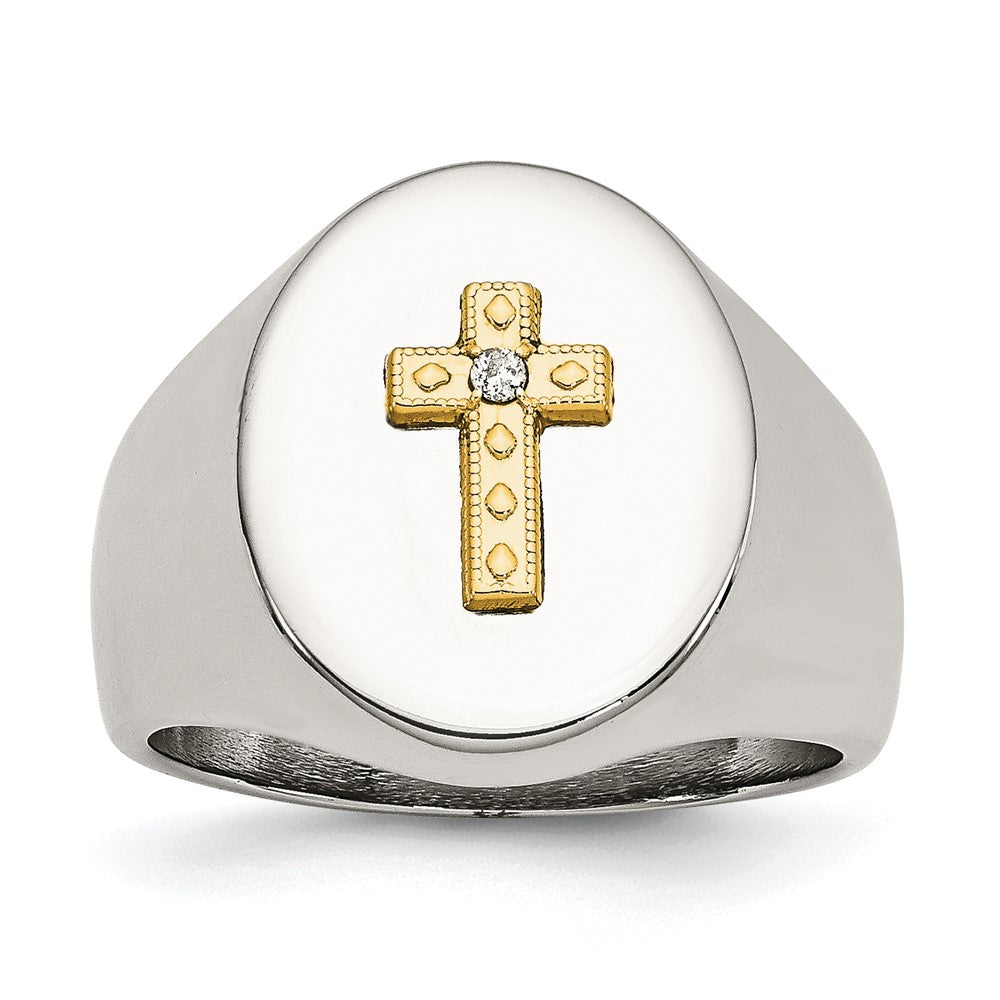 17mm Stainless Steel 10KYG Plated Cross &amp; .02ct Diamond Tapered Ring, Item R11749 by The Black Bow Jewelry Co.