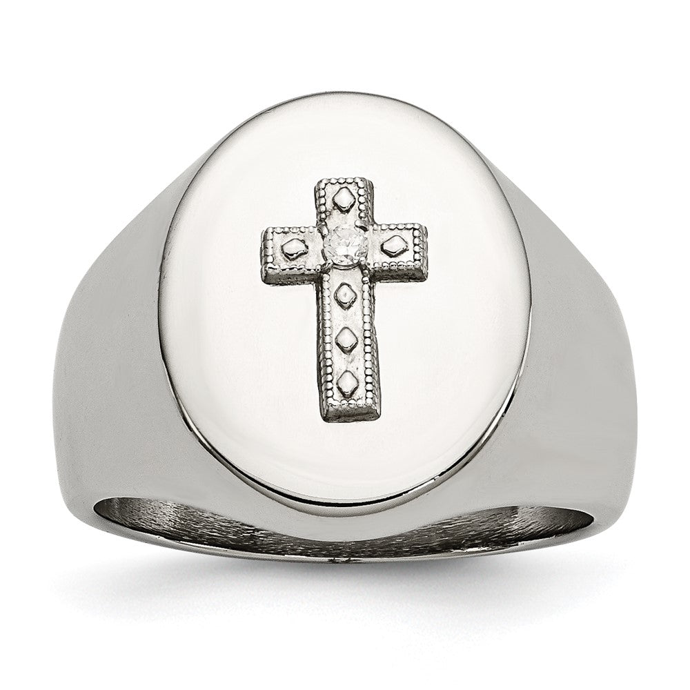 17mm Stainless Steel, Sterling Silver Cross &amp; CZ Tapered Ring, Item R11750 by The Black Bow Jewelry Co.