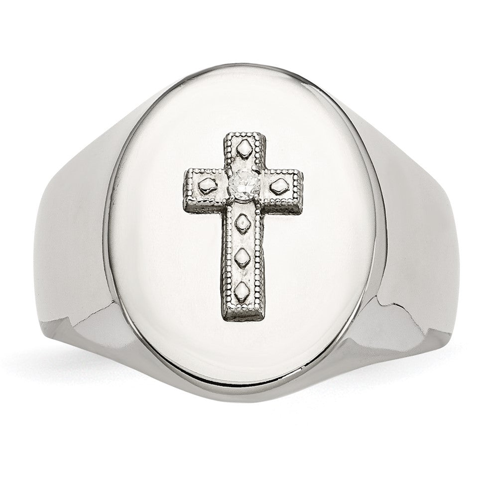 Alternate view of the 17mm Stainless Steel, Sterling Silver Cross &amp; CZ Tapered Ring by The Black Bow Jewelry Co.