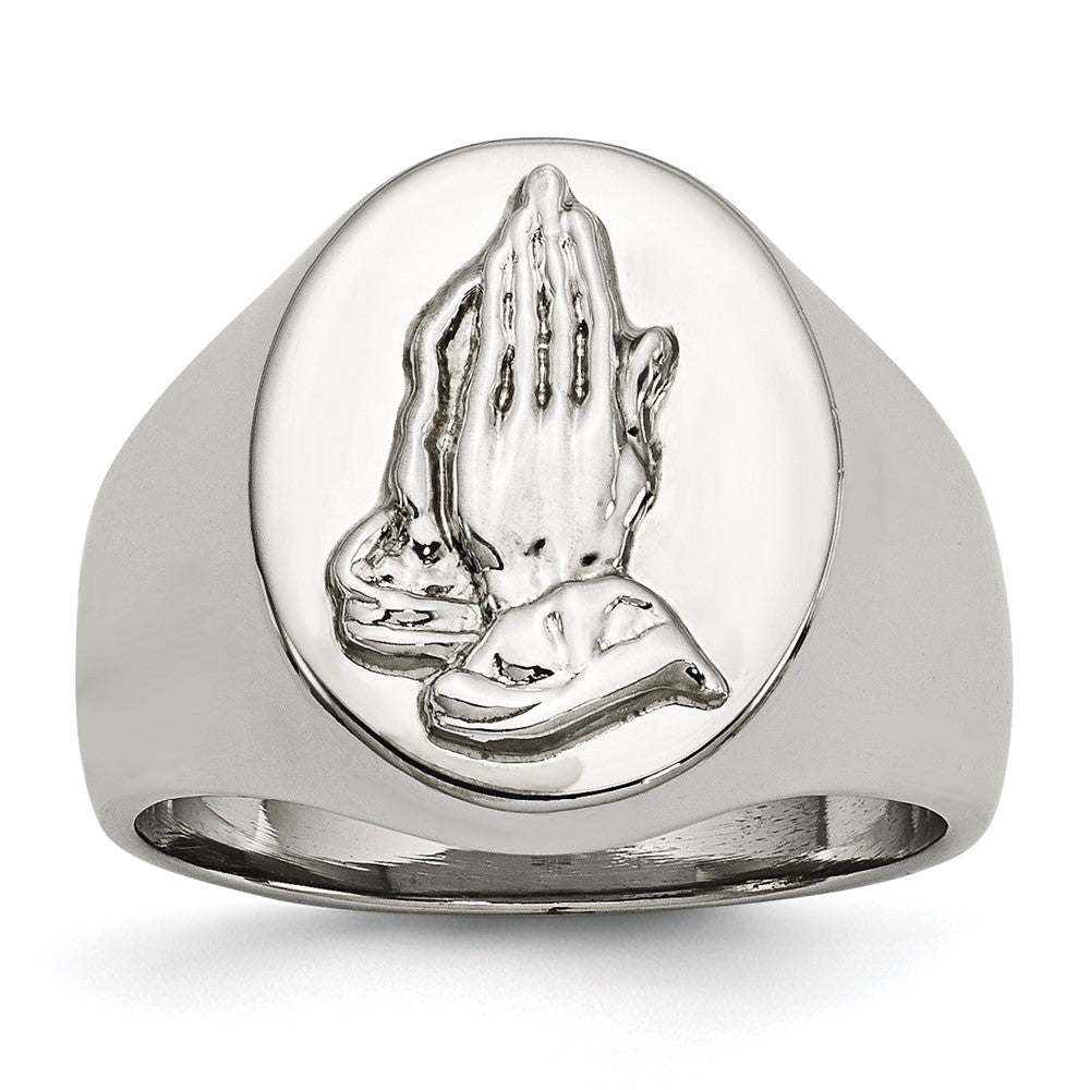 Men&#39;s 17mm Stainless Steel &amp; Sterling Silver Praying Hands Ring, Item R11752 by The Black Bow Jewelry Co.