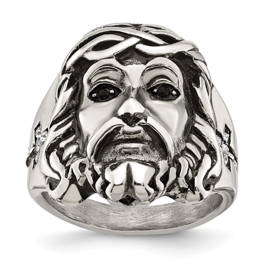 Men&#39;s 25mm Stainless Steel &amp; Crystal Jesus Cross Tapered Ring, Item R11753 by The Black Bow Jewelry Co.