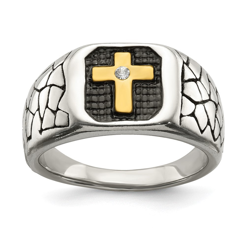 Men&#39;s 13mm Stainless Steel, Gold Tone Plated &amp; CZ Cross Tapered Ring, Item R11754 by The Black Bow Jewelry Co.