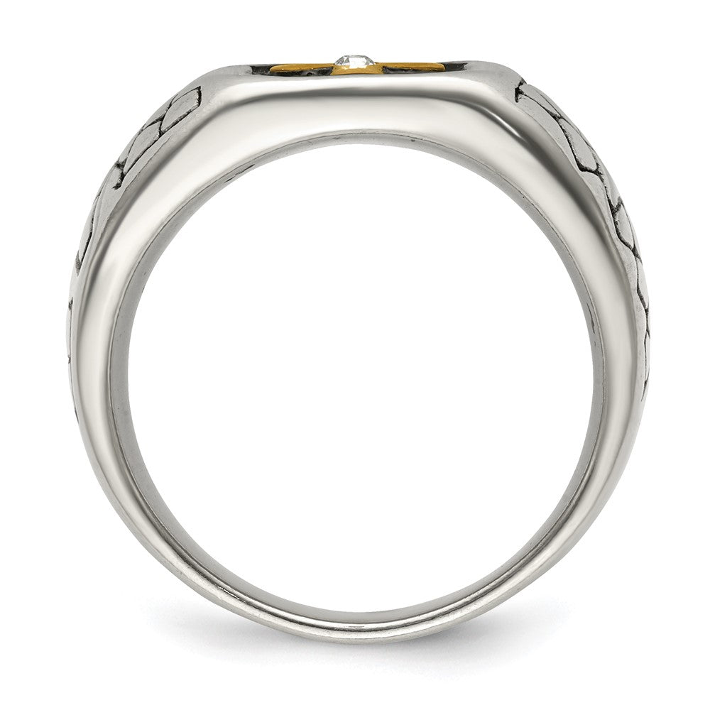 Alternate view of the Men&#39;s 13mm Stainless Steel, Gold Tone Plated &amp; CZ Cross Tapered Ring by The Black Bow Jewelry Co.