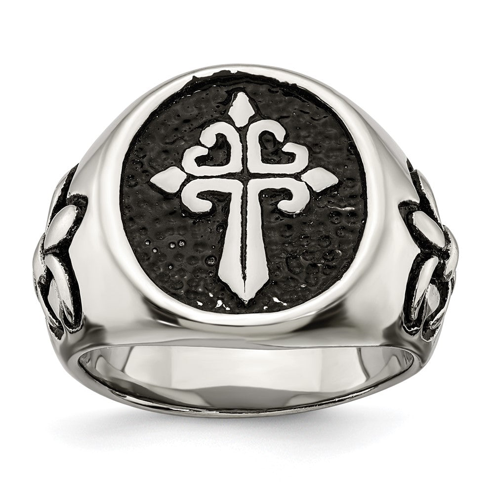 Men&#39;s 17mm Stainless Steel Fleur de Lis Cross Tapered Ring, Item R11755 by The Black Bow Jewelry Co.