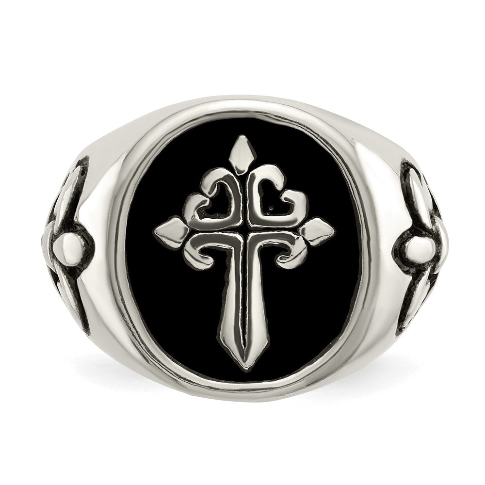 Alternate view of the Men&#39;s 17mm Stainless Steel Fleur de Lis Cross Tapered Ring by The Black Bow Jewelry Co.