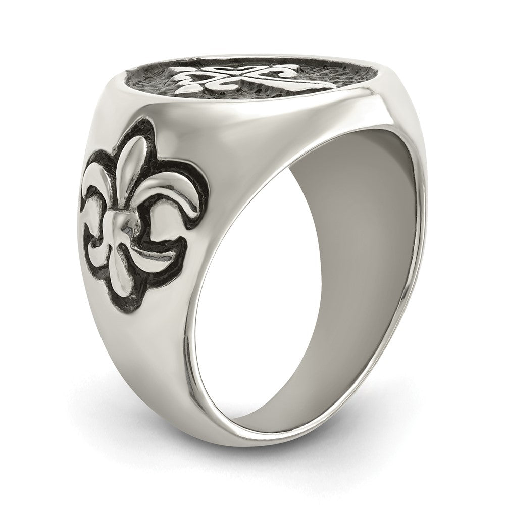 Alternate view of the Men&#39;s 17mm Stainless Steel Fleur de Lis Cross Tapered Ring by The Black Bow Jewelry Co.