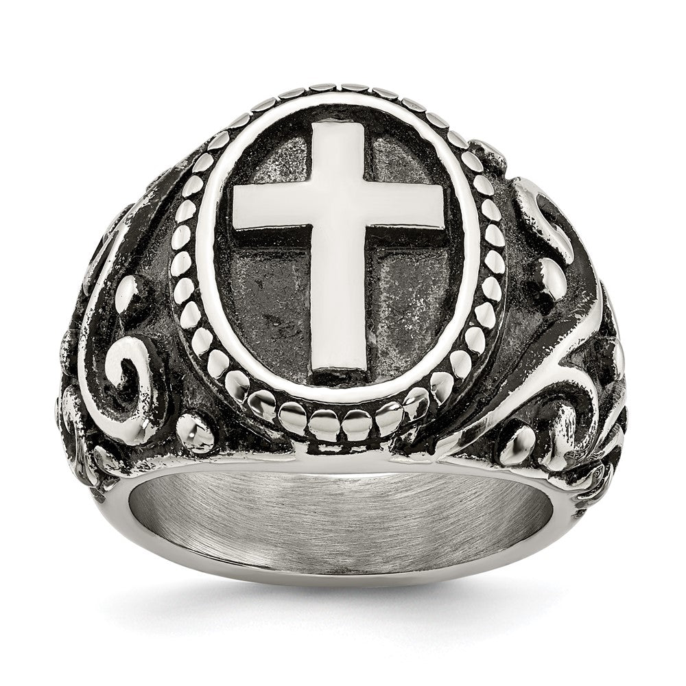 Men&#39;s 20mm Stainless Steel Antiqued Ornate Cross Tapered Ring, Item R11756 by The Black Bow Jewelry Co.