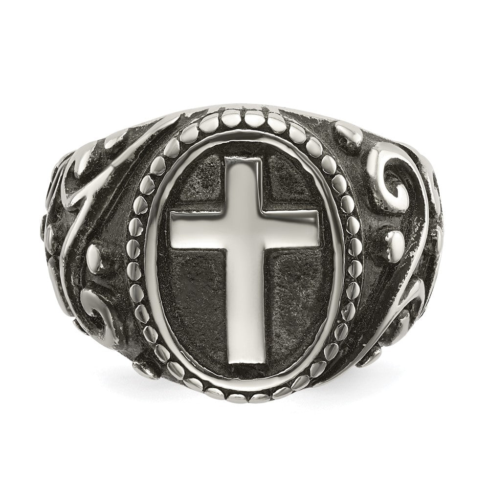 Alternate view of the Men&#39;s 20mm Stainless Steel Antiqued Ornate Cross Tapered Ring by The Black Bow Jewelry Co.