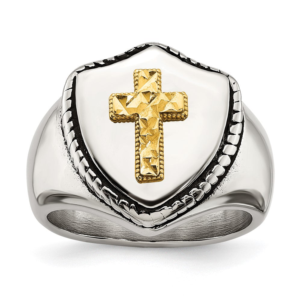 Men&#39;s 18mm Stainless Steel &amp; 14k Gold Accent Shield Cross Ring, Item R11757 by The Black Bow Jewelry Co.