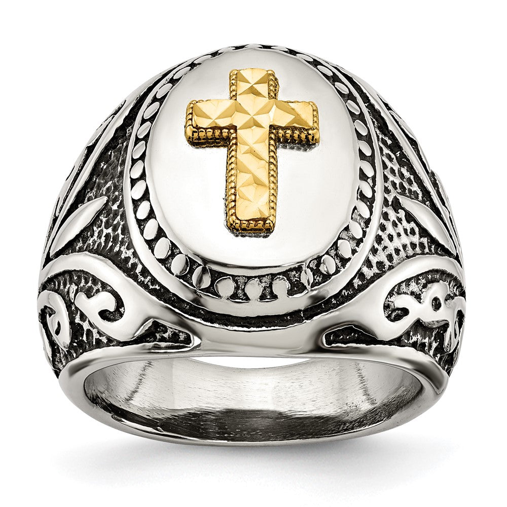 Men's Stainless Steel w/14K Gold Accent Cross Tapered Ring