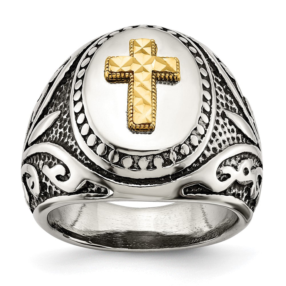 Men&#39;s 19.8mm Stainless Steel w/14K Gold Accent Cross Tapered Ring, Item R11758 by The Black Bow Jewelry Co.
