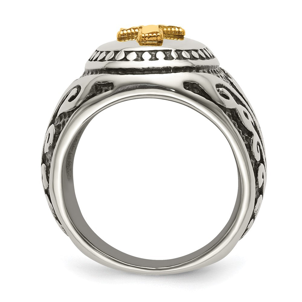Alternate view of the Men&#39;s 19.8mm Stainless Steel w/14K Gold Accent Cross Tapered Ring by The Black Bow Jewelry Co.