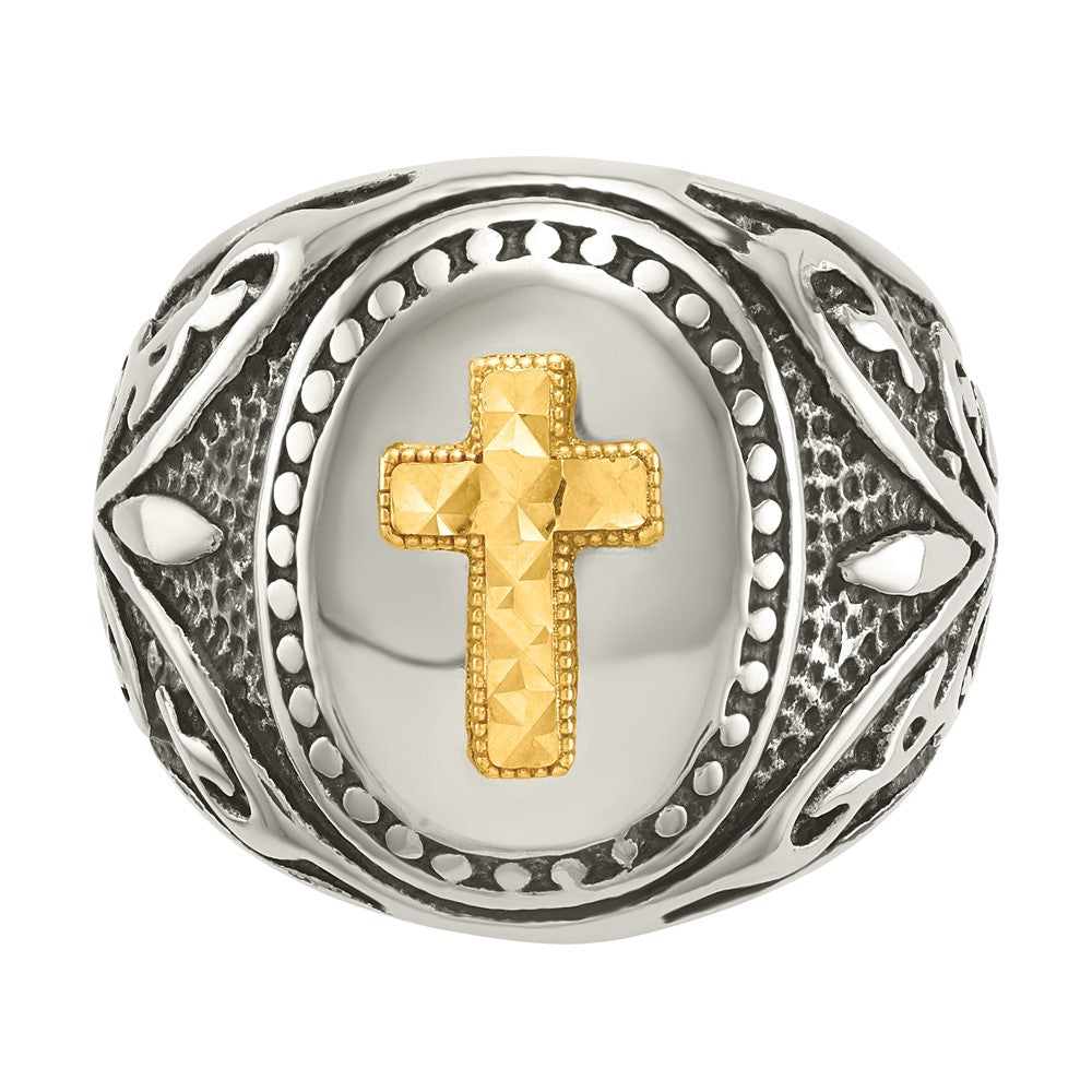 Alternate view of the Men&#39;s 19.8mm Stainless Steel w/14K Gold Accent Cross Tapered Ring by The Black Bow Jewelry Co.