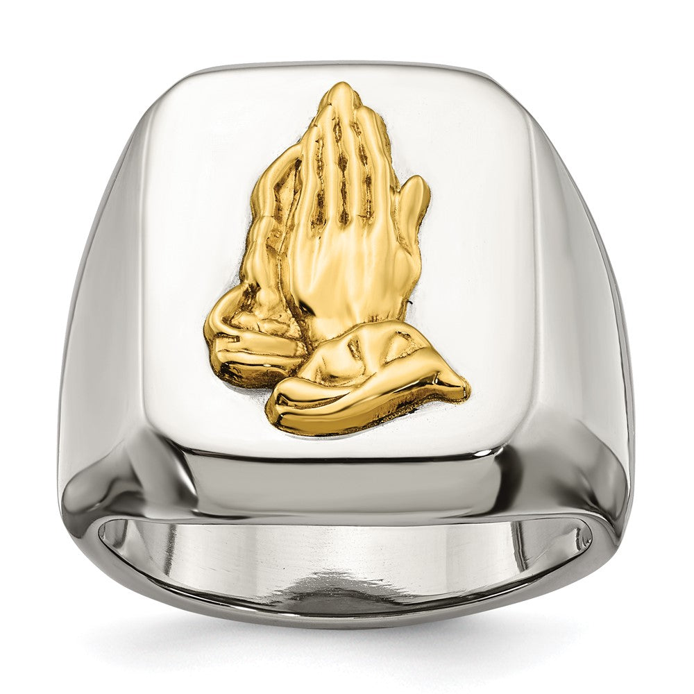 Men's 20mm Stainless Steel w/14K Gold Accent Praying Hands Ring, Item R11759 by The Black Bow Jewelry Co.