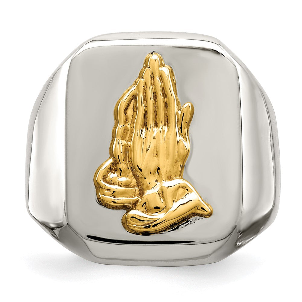 Alternate view of the Men&#39;s 20mm Stainless Steel w/14K Gold Accent Praying Hands Ring by The Black Bow Jewelry Co.