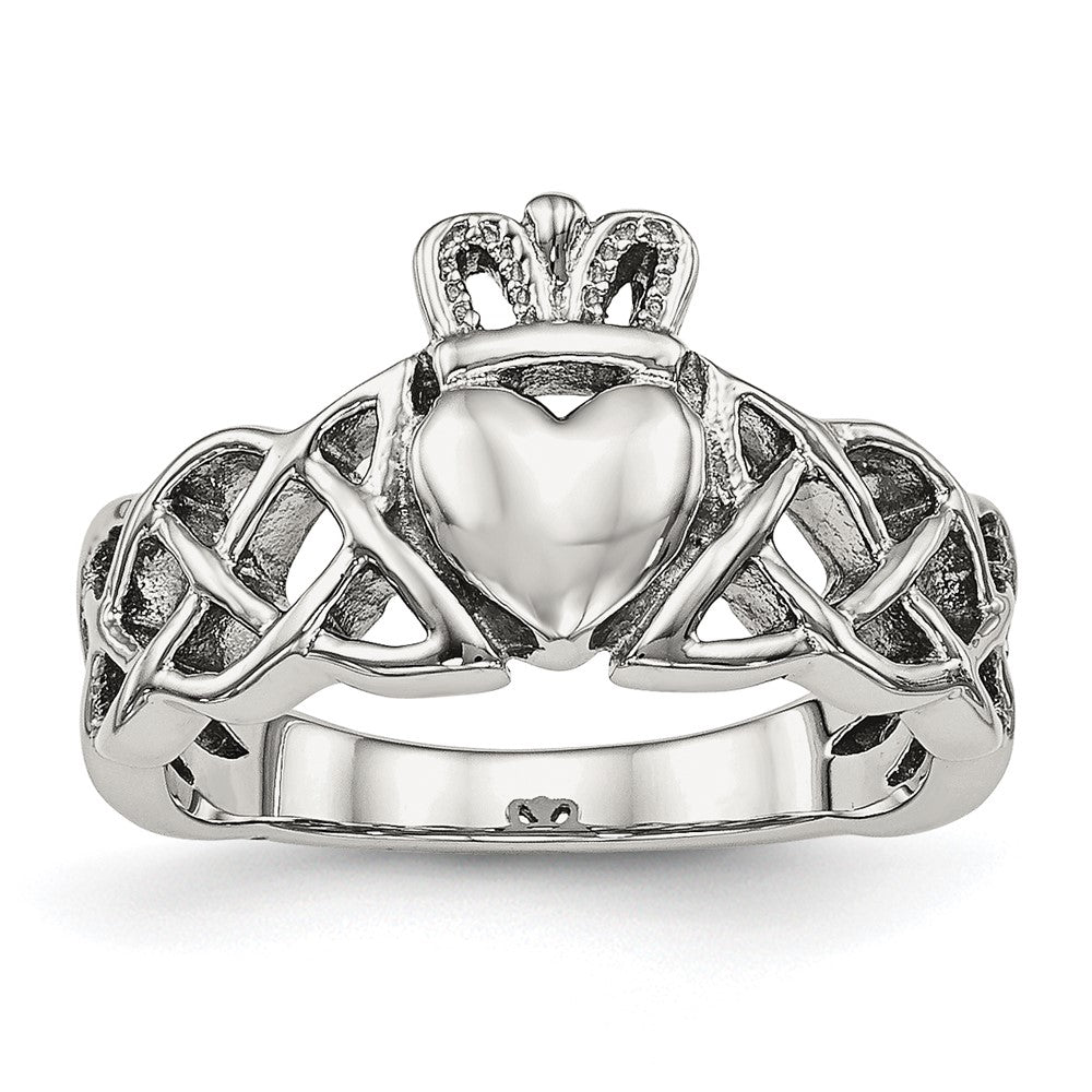 Ladies 11mm Stainless Steel Polished Claddagh Tapered Ring, Item R11760 by The Black Bow Jewelry Co.