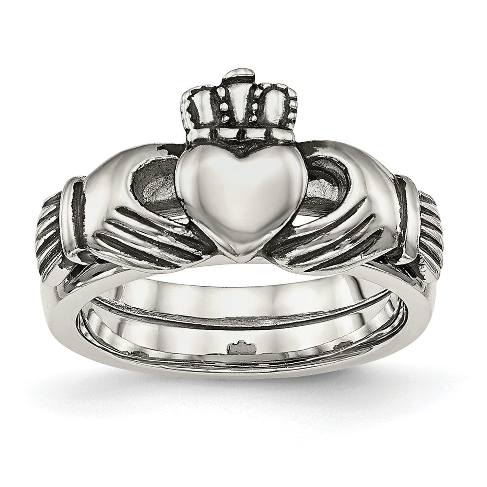 Stainless Steel Love, Loyalty, Friendship Claddagh Hinged Ring, Item R11761 by The Black Bow Jewelry Co.