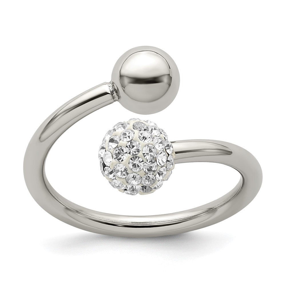 Polished Stainless Steel &amp; Crystal Ball Bypass Ring, Item R11769 by The Black Bow Jewelry Co.