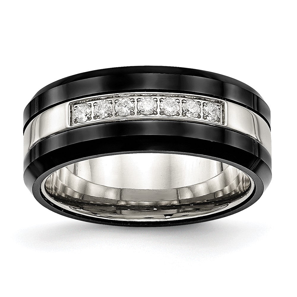 8mm Stainless Steel, Black Ceramic &amp; CZ Beveled Comfort Fit Band, Item R11774 by The Black Bow Jewelry Co.