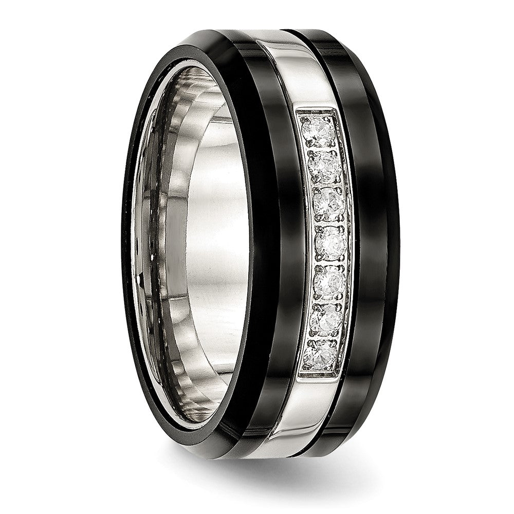 Alternate view of the 8mm Stainless Steel, Black Ceramic &amp; CZ Beveled Comfort Fit Band by The Black Bow Jewelry Co.