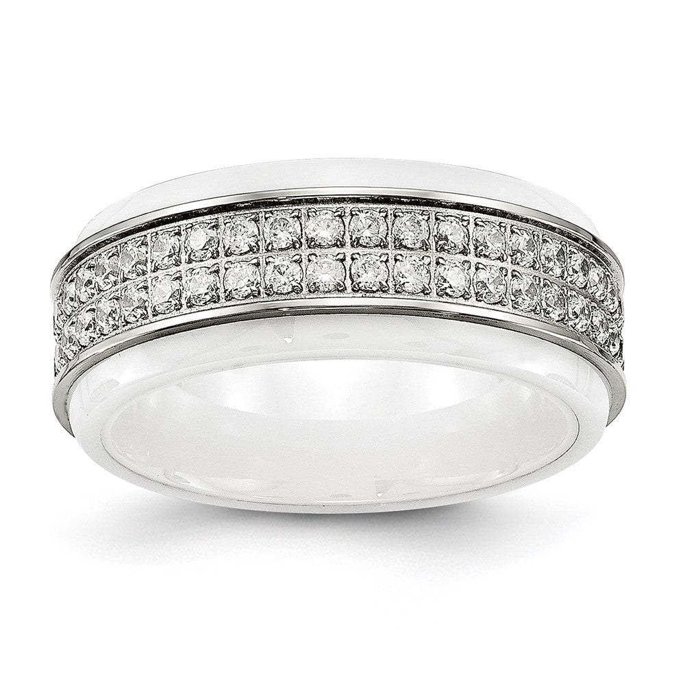 8mm Stainless Steel, White Ceramic &amp; CZ Ridged Standard Fit Band, Item R11776 by The Black Bow Jewelry Co.
