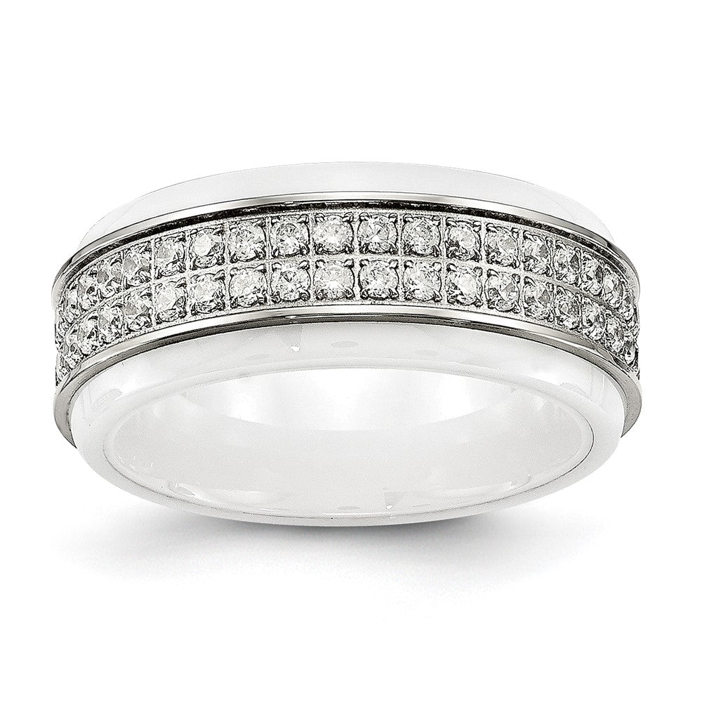 8mm Stainless Steel, White Ceramic & CZ Ridged Standard Fit Band, Item R11776 by The Black Bow Jewelry Co.