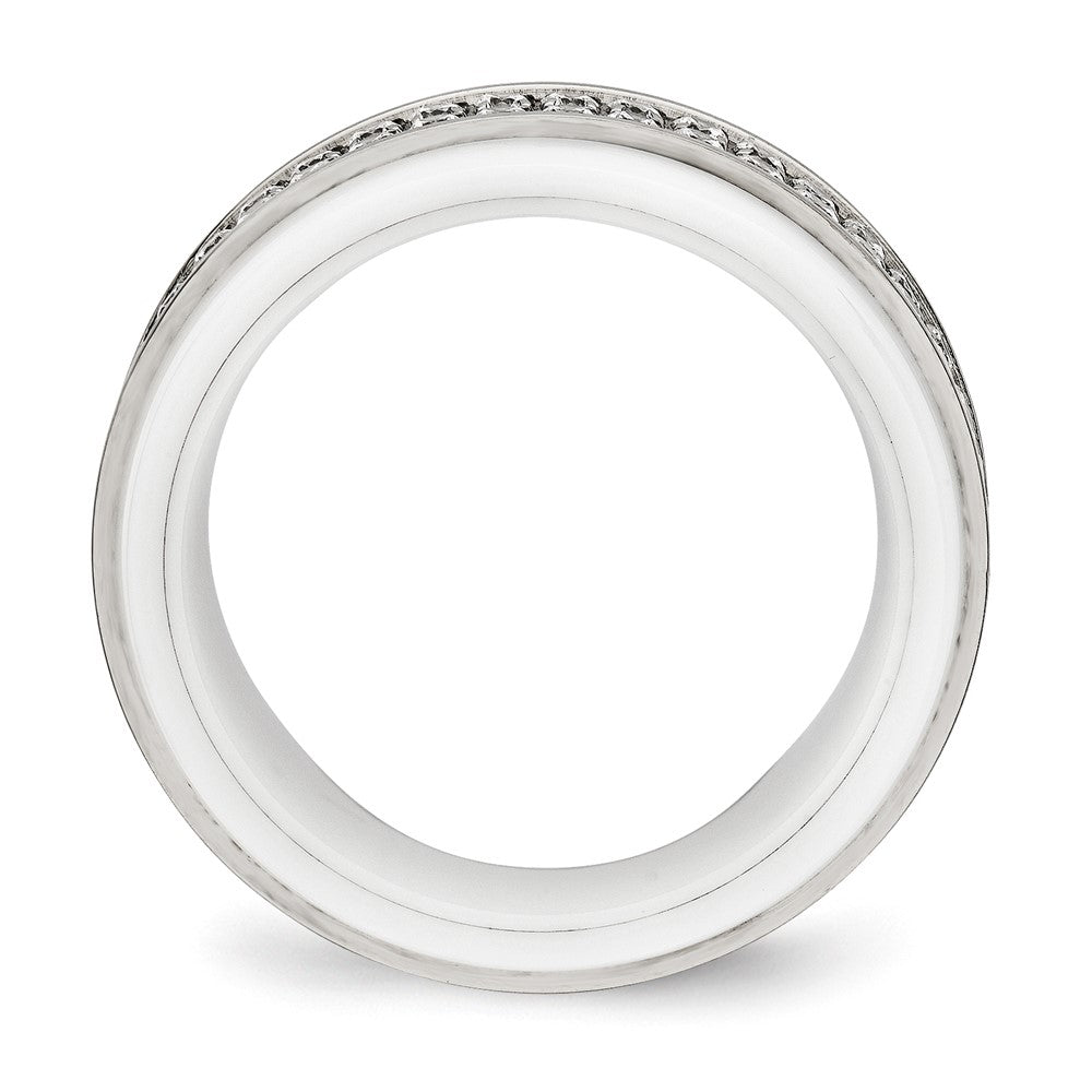 Alternate view of the 8mm Stainless Steel, White Ceramic &amp; CZ Ridged Standard Fit Band by The Black Bow Jewelry Co.