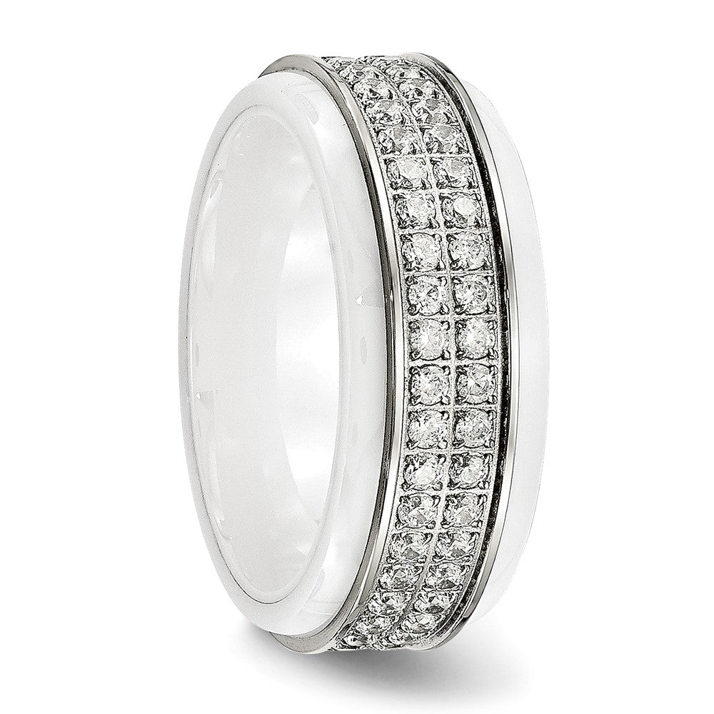 Alternate view of the 8mm Stainless Steel, White Ceramic &amp; CZ Ridged Standard Fit Band by The Black Bow Jewelry Co.