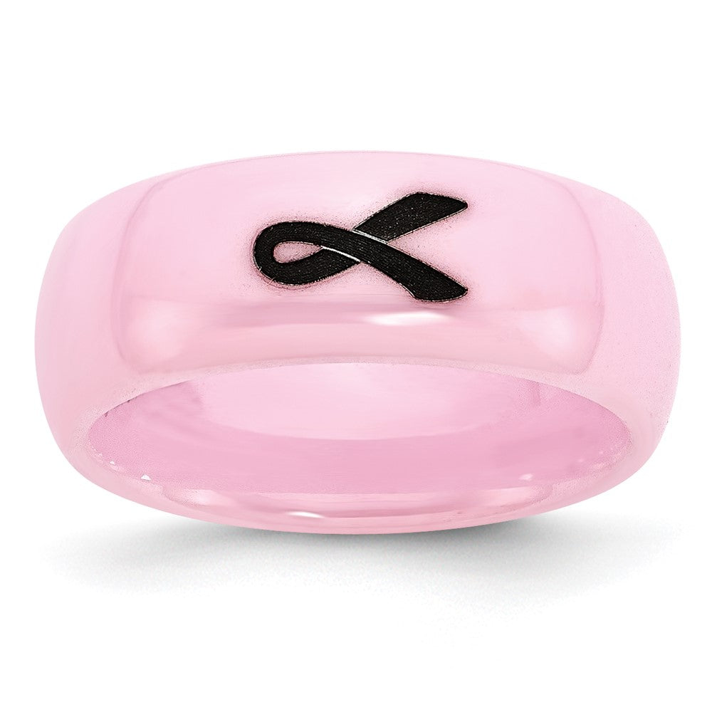 8mm Pink Ceramic Black Laser Etched Ribbon Standard Fit Band, Item R11777 by The Black Bow Jewelry Co.