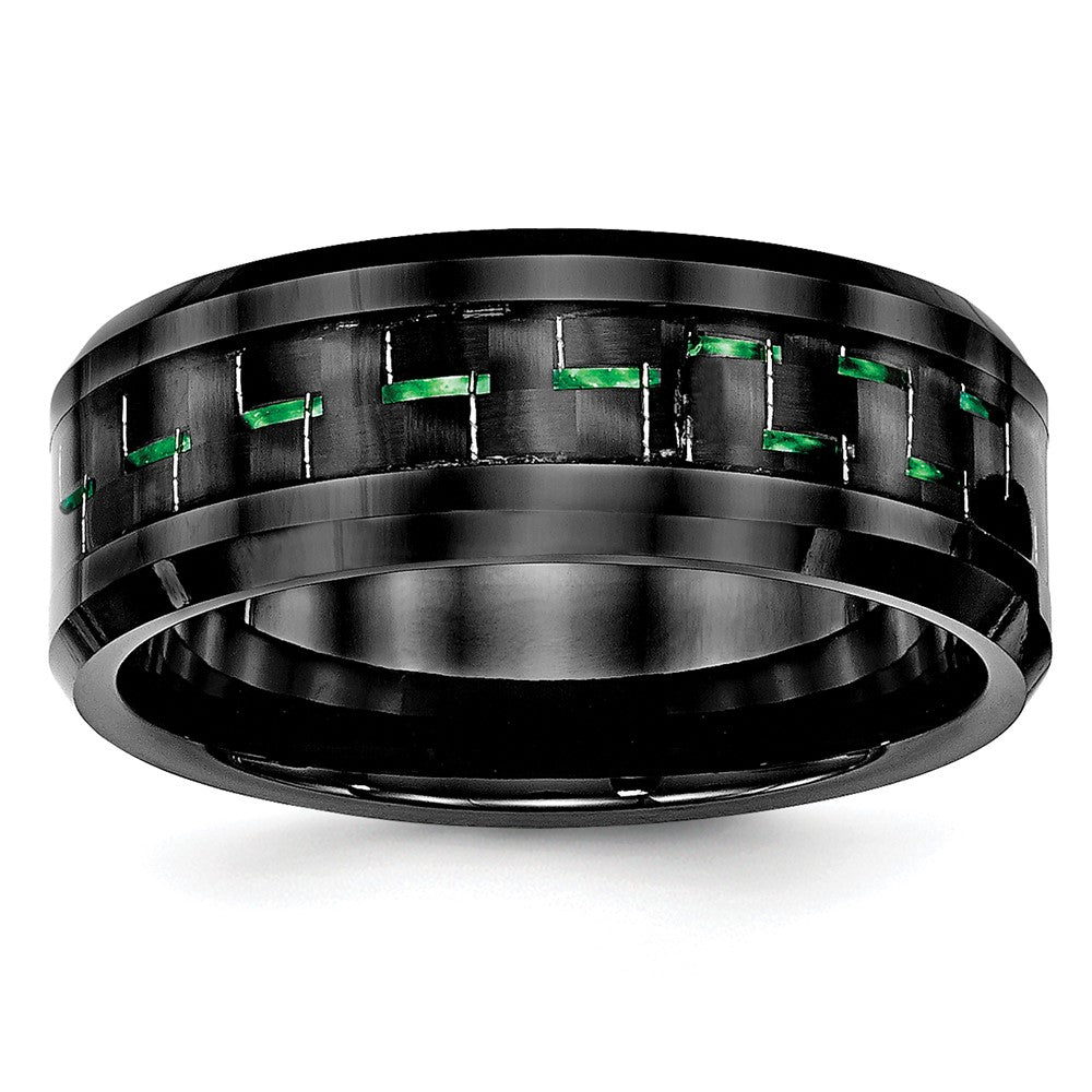 8mm Black Ceramic Green Carbon Fiber Beveled Comfort Fit Band, Item R11786 by The Black Bow Jewelry Co.