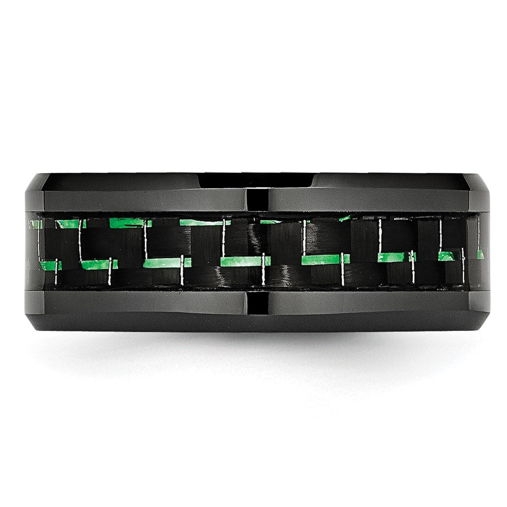 Alternate view of the 8mm Black Ceramic Green Carbon Fiber Beveled Comfort Fit Band by The Black Bow Jewelry Co.