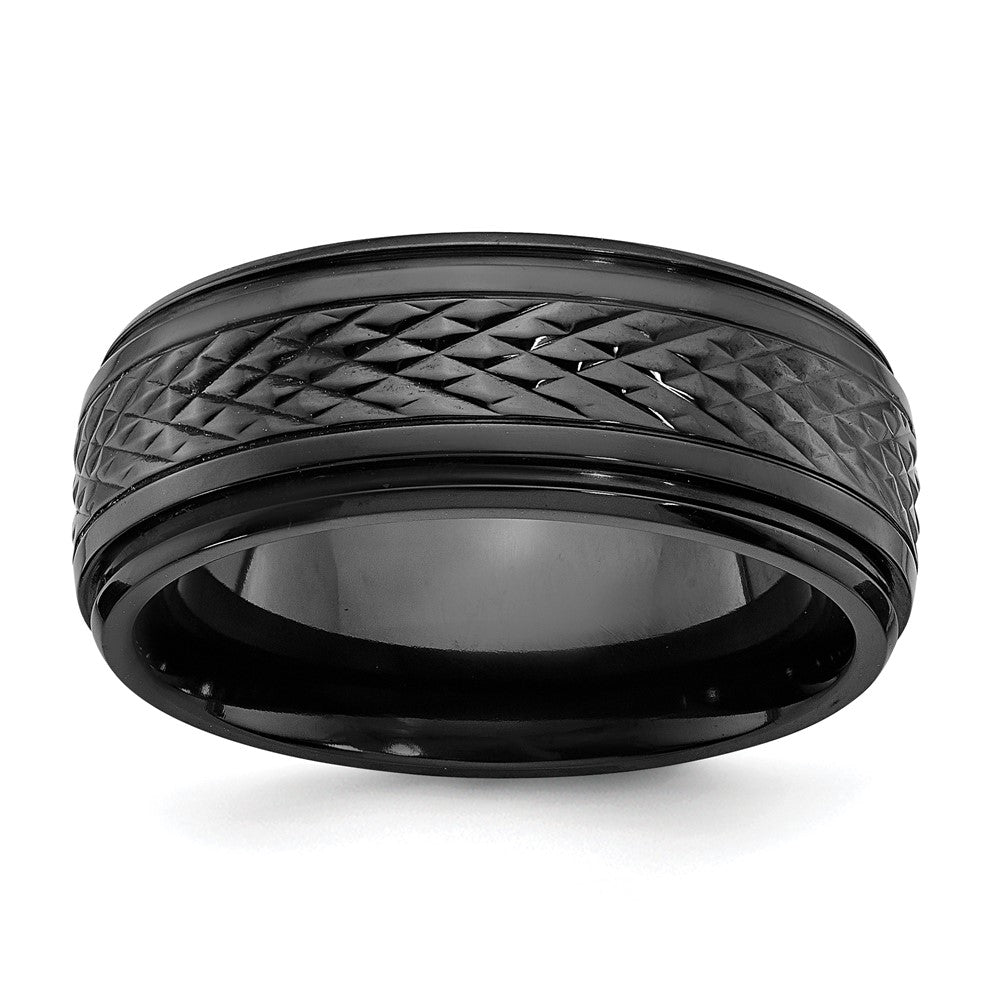 8mm Black Zirconium Textured &amp; Ridged Edge Standard Fit Band, Item R11787 by The Black Bow Jewelry Co.