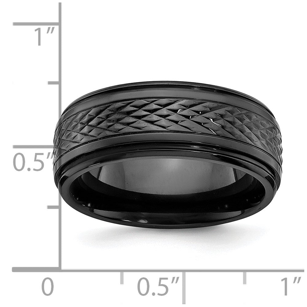 Alternate view of the 8mm Black Zirconium Textured & Ridged Edge Standard Fit Band by The Black Bow Jewelry Co.
