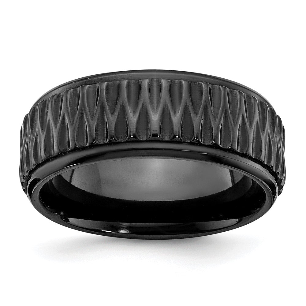 8mm Black Zirconium Grooved & Ridged Edge Standard Fit Band, Item R11788 by The Black Bow Jewelry Co.