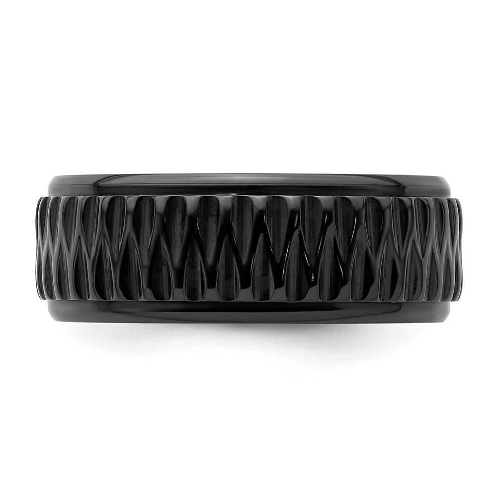 Alternate view of the 8mm Black Zirconium Grooved &amp; Ridged Edge Standard Fit Band by The Black Bow Jewelry Co.